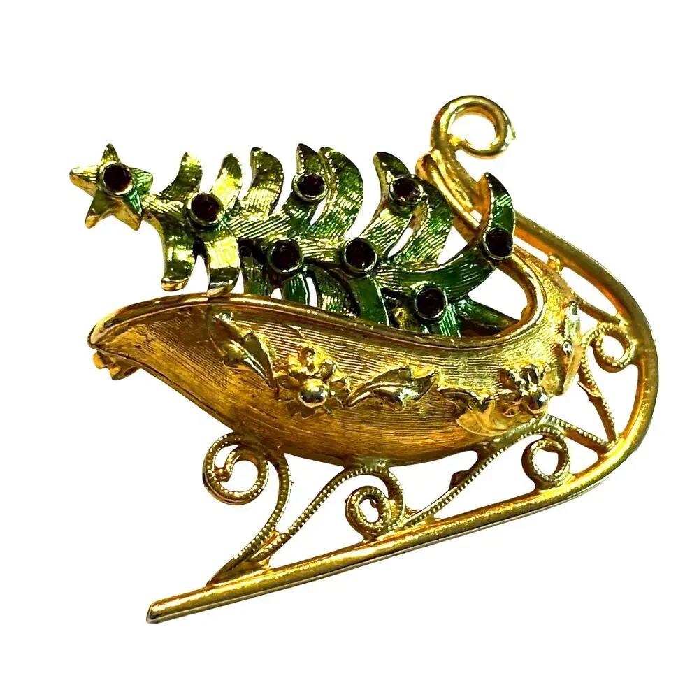 Vintage Christmas brooch sleigh gold with green tree & red ornaments signed MYLU